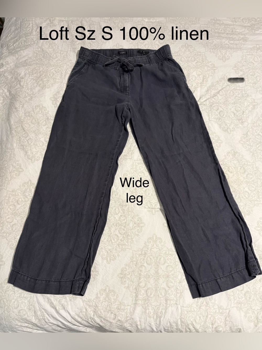 Loft linen Wide Leg women’s sz Small Pants, grey blue, drawstring waist, pockets